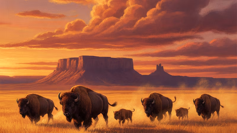 Cover art for 5 Wild Buffalo: a bison herd crossing prairie grass at sunset