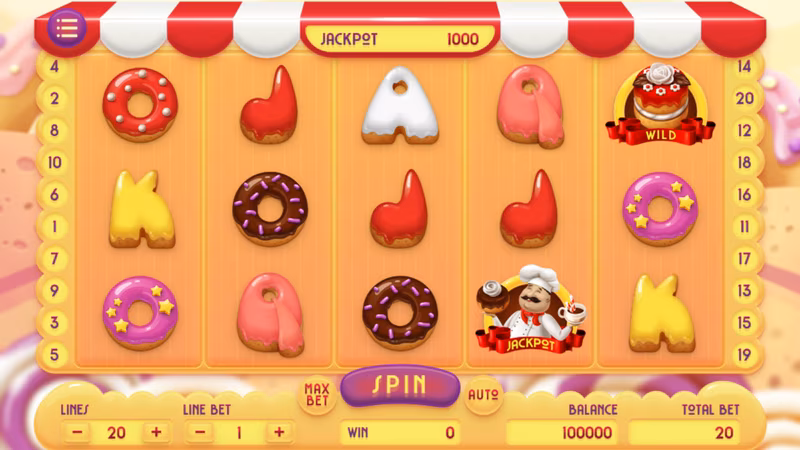 Cover art for Donuts: glazed donuts and a pastry chef under a striped bakery awning