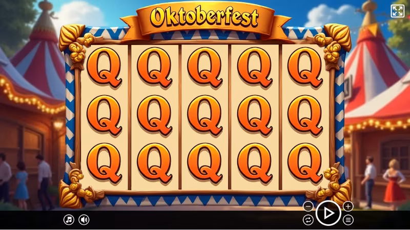 Cover art for Oktoberfest: a carved wooden reel frame in front of striped festival tents