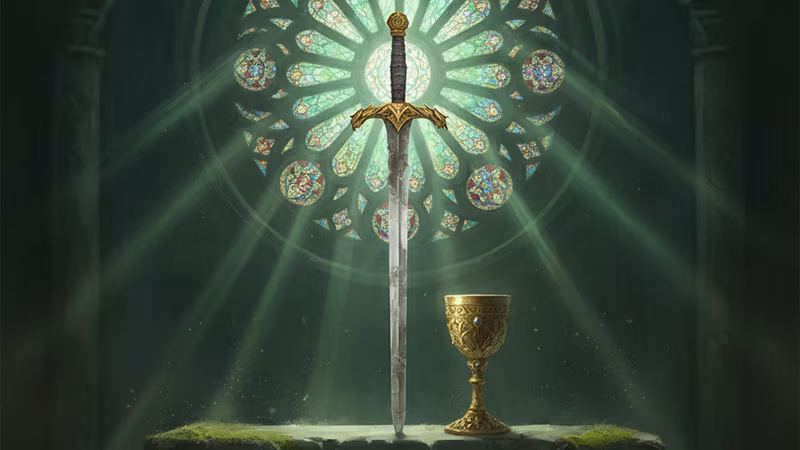 Cover art for The Sword and the Grail: a sword in a stone altar below a stained glass window
